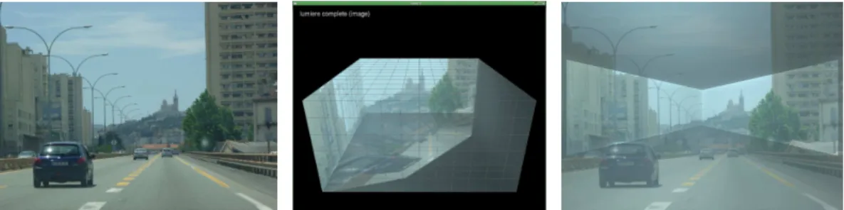 Figure 2: Gauche : image à projeter. Milieu : simulation de la projection. Droite : image visible.