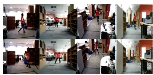 Fig. 2. Sample frames from the proposed dataset from four different viewing directions for turn-walk (top row), and limp action (bottom row).