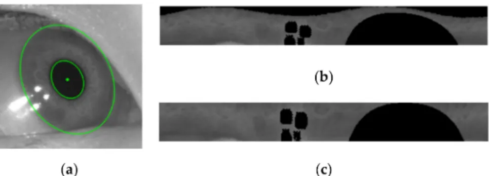 Figure 6. (a) Eye image taken at 25 ◦ horizontal eye position, with the detected iris to be unrolled;