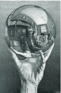 Fig. 2.5: Le dessin de l’image r´efl´echie par une sph`ere par l’artiste M.C. Escher - 1953.