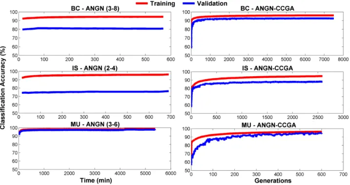 Fig. 5. Evolution in time of the classification accuracy for three cases in training and validation