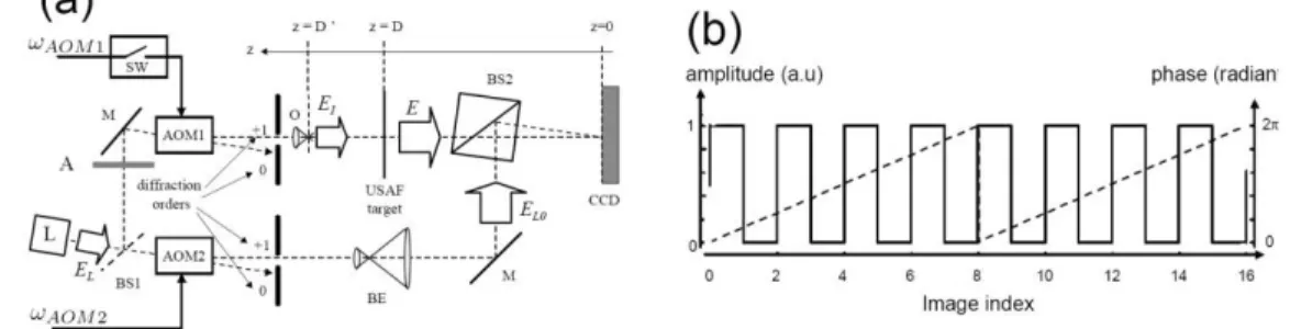 Fig. 1 (a) Experimental set-up. L: Laser diode; BS1, BS2: Beamsplitters; AOM1, AOM2: Acouto-optic modulators; O: Microscope objective; 