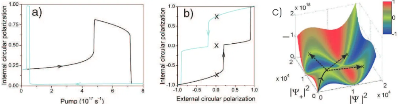 Figure 1.12 | Multistability of cavity polaritons [72]: (a) Circular polarization degree of the driven mode versus external pumping intensity for slightly elliptical pump, (b) Circular polarization degree of the driven mode versus circular polarization deg
