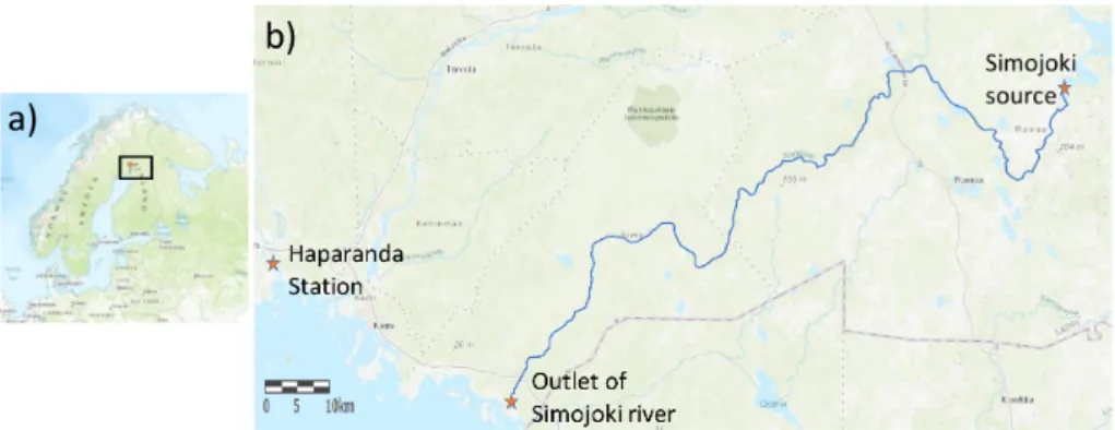 Figure 1. (a) Environmental setting of study area with the Simojoki River (in blue); (b) Haparanda Meteorological station (arranged from ESRI-ArcGIS Explorer Online, http://www.esri.com/software/