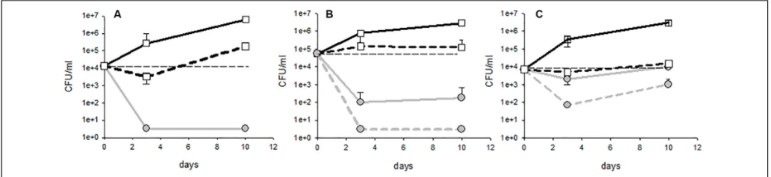 FIGURE 1 | Different profiles of population kinetics observed during treatment with fungal chitosan: (A) sensitive strain, (B) intermediate profile, and (C) tolerant strain