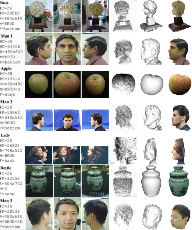 Figure 1. Each row shows the results for one example. First, experimental details. Second, 3 frames of the sequence