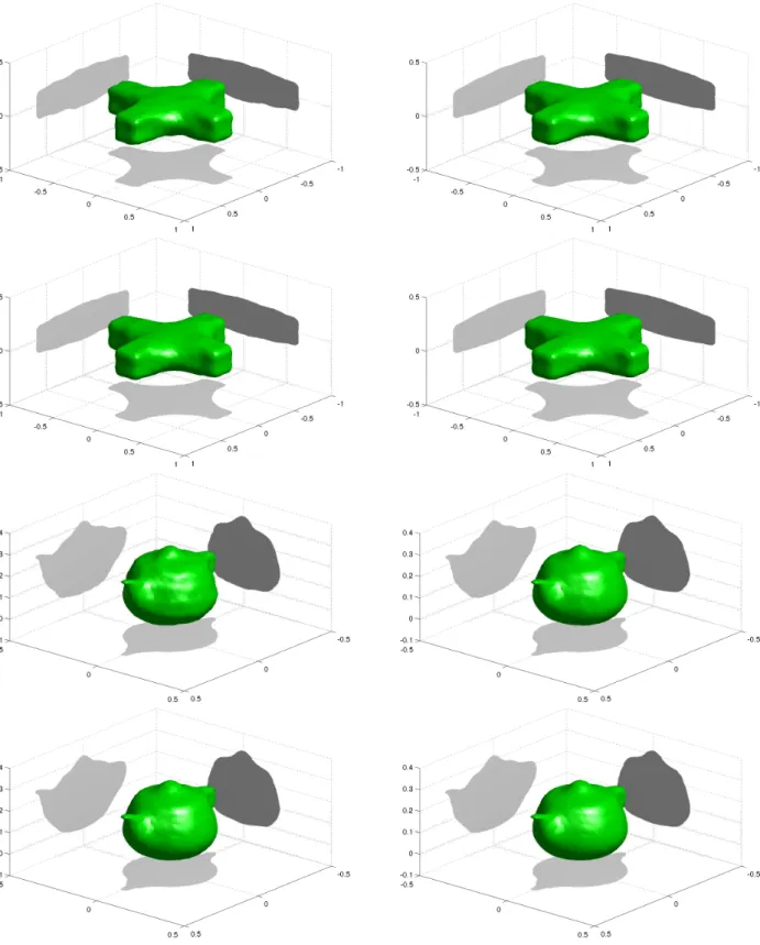 Figure 4: The cross and the teapot reconstructed by SVD-tail(50) (top left), TSVD (top right), DTM (bottom left) and CTM (bottom right)