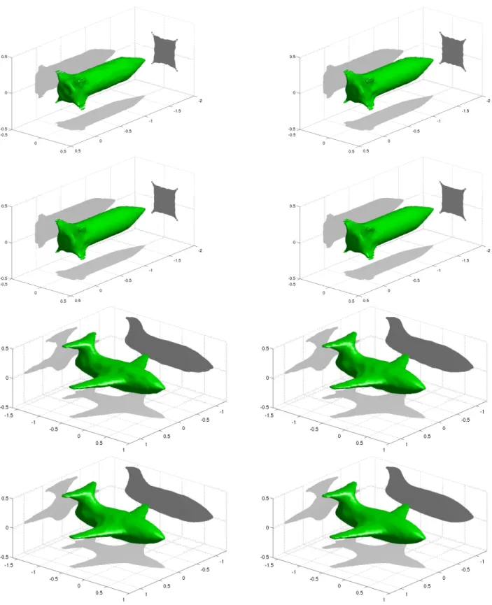 Figure 5: The rocket and the plane reconstructed by SVD-tail(50) (top left), TSVD (top right), DTM (bottom left) and CTM (bottom right)