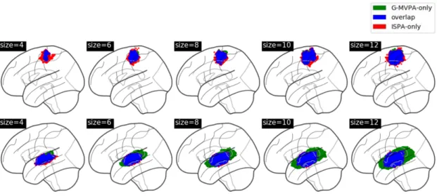 Figure 5: Comparison of the clusters detected by G-MVPA and ISPA for the different values of the searchlight radius, in Dataset1 (top row) and Dataset2 (bottom row).