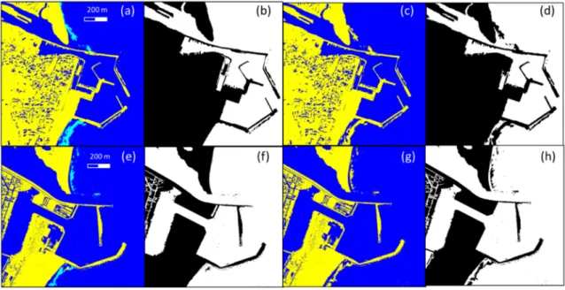 Figure 6. First line (a–d): Support Vector Machine (SVM) classification on the southern area on 8 November 2010 when 3 classes (land, foam and water) were used (a) and when 2 classes (land and water) were used (c)