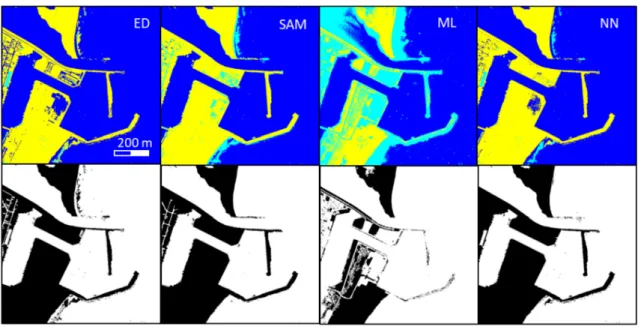 Figure 8. (Top panels) Pixel classification retrieved by the 4 methods described in Section 2 (ED, SAM, ML, NN) on 10 August 2010 for the northern area (Figure 1); 3 classes were used: land (yellow), foam (light blue) and water (blue)