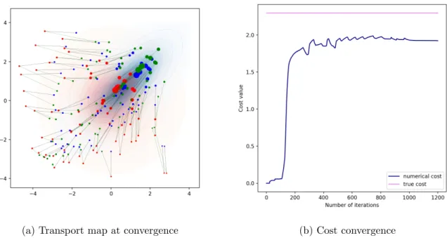 Figure 6.2.5: Cost convergence and approximation of the transport plan at convergence