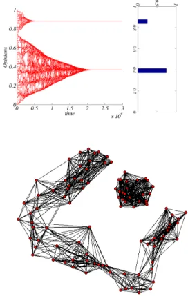Fig. 1. Upper panel: Typical evolution of the opinion versus time, i.e. number of iterations and the asymptotic distribution of agents’ opinion in a closed community