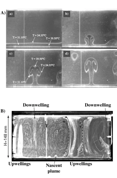 Figure 2. Plumes development and morphology in the purely thermal case. A) Growth of TBL instabilities in sugar syrup at Ra=6.5 10 5 (run from Androvandi et al, 2011)