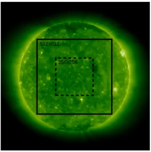 Fig. 1. Example of a Quiet Sun images seen by EIT in 19.5 nm, with indication of the squared area taken into account