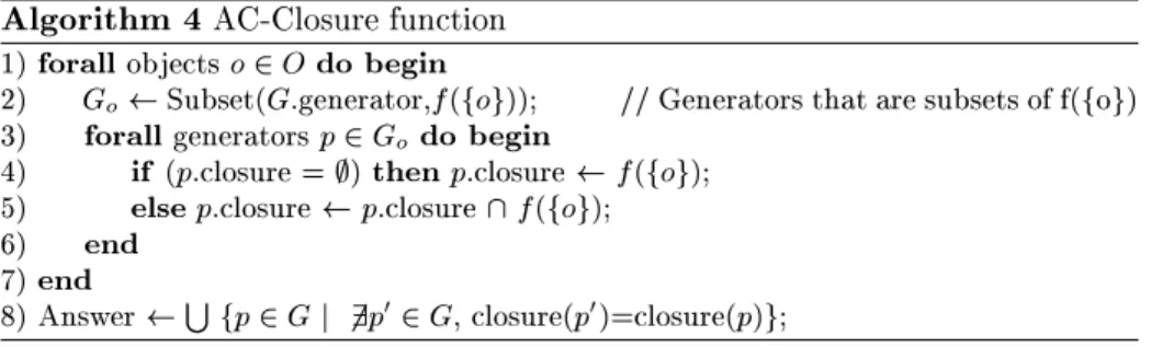 Figure 2 gives the execution of A-Close for a minimum support of 2 (40%) on the data mining context D given in Figure 1