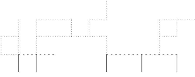 FIGURE 3: A hydra, in two dimensions (a dimension not considered in this paper), with 5 feet (components of full lines), 2 bodies (components of dashed lines), and 3 heads