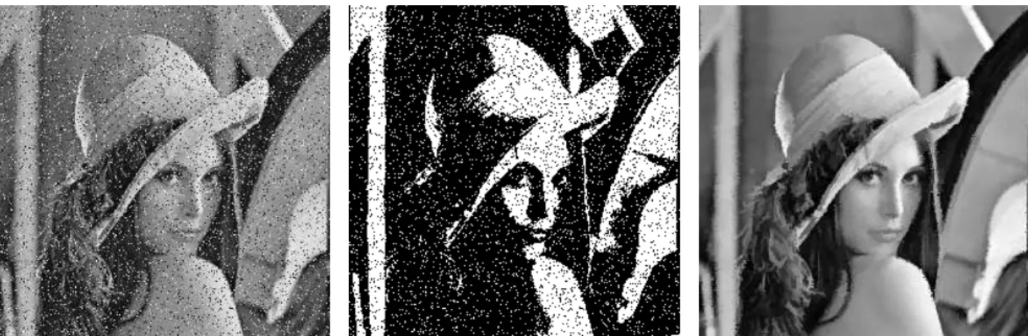 Figure 4: Left: image v obtained with impulse noise with probability parameter p = 0.15 on the Lena image