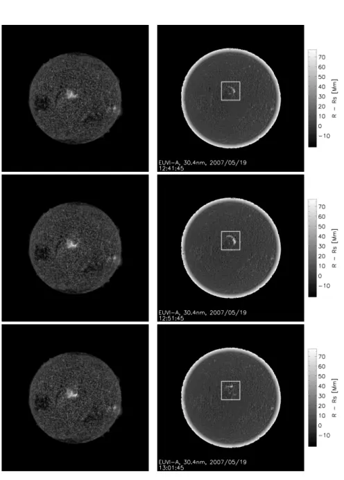 Figure 5. Depth map of the EUVI-A stereoscopic reconstruction. Left: original EUVI-A im- im-ages observed at times on 19 May 2007 at times 12:41:45 (top), 12:51:45 (middle) and 13:01:45 (bottom)