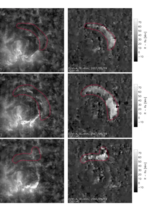 Figure 6. Depth map of the EUVI-A stereoscopic reconstruction. Left: zoom on original EUVI-A images observed at times on 19 May 2007 at times 12:41:45, 12:51:45 and 13:01:45.