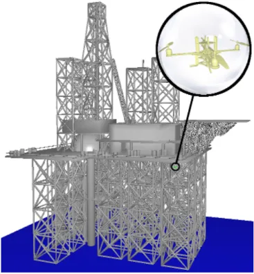Figure 4.2: Inspection problem: quadrotor (whose close-up is shown in yellow) inspecting an oil platform