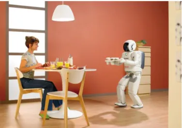 Figure 1.1: The robot Asimo bringing coffee to the table in a house. It illustrates how having a robot butler could look like.