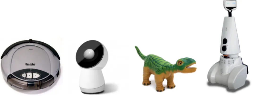 Figure 1.2: From left to right, Roomba a vacuum cleaner, Jibo a social robot, Pleo a toy robot and Jazz a telepresence robot.