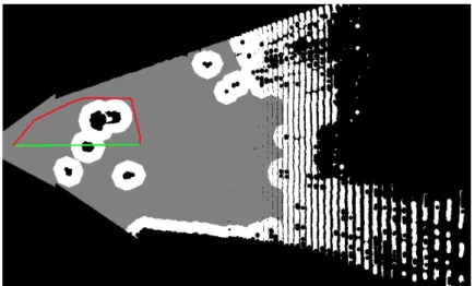 Figure 3.7: Example of a local path computation. The image represents a kinect frame projected on the floor plane