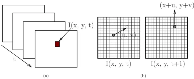 Figure 2.1: Representation of motion in video-data. a) Video-frame as a function of space (x, y) and time t, b) 2D displacement (u, v) in between consecutive video frames.