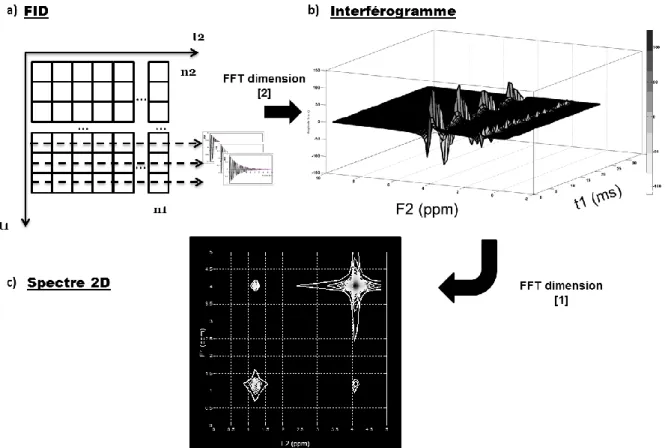 Figure 14 : Stockage du FID et obtention du spectre 2D après transformée de Fourier discrète 2D (FFT 2D)
