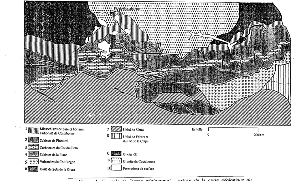 Figure  1:  Exemple  de  &#34;scene  géologique&#34;  .  extrait  de  la  carte  géologique  du  secteur de  Costabonne  tPyrénées  Orientales)  d'apres {BAE89{ 
