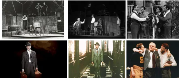 Figure 1.1: Snapshots from the archive of the first premiere of the play death of the salesman at Broadway Theatre in 1949 (top left), a reproduction by Broadway Theatre using similar staging and music in 2012 (top middle) and several other movie adaptatio