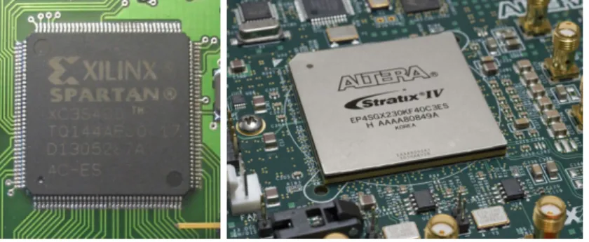 Figure 2.1: FPGA chips produced by Xilinx and Altera.