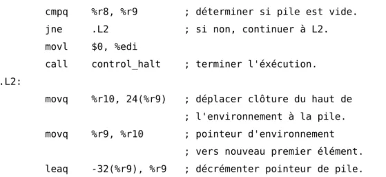 Figure 1 Instructions en assembleur pour l'architecture x86-64 (syntaxe AT&amp;T) simulant l'instruction grab de la machine de Krivine