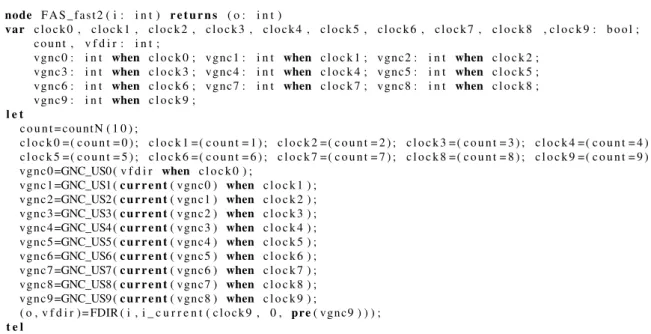 Figure 1.6: Programming a multi-rate communication loop in L USTRE , with a fast base rate (10Hz), splitting the slow operation