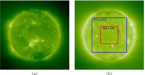 Figure 1. Examples of images from EIT at wavelength λ = 19.5 nm (a) with an active region, (b) without any active region, the Quiet Sun.
