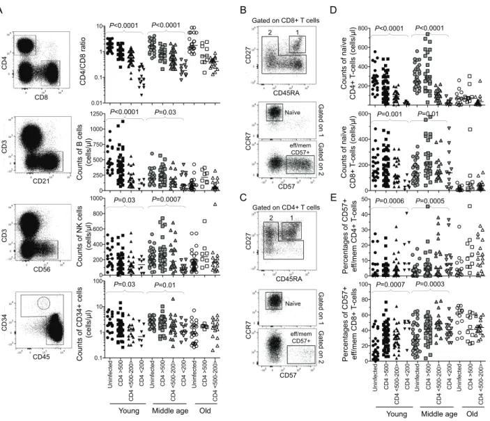 Figure 1. Immune parameters of YAHIC and older HIV infected patients grouped according  to CD4 counts 