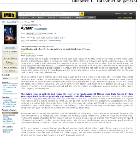 Figure 1.1 – Site IMDB : Exemple de critique cinématographique pour le film Avatar.