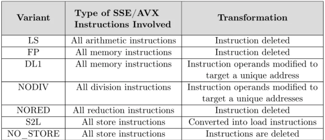 Table 4.2: DECAN variants and transformations Variant Type of SSE/AVX