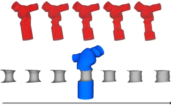 Figure 2: Top: computational 3D model without PPVR (leftmost picture) and with PPVR of length 22 mm to 37mm, diameter 19 mm
