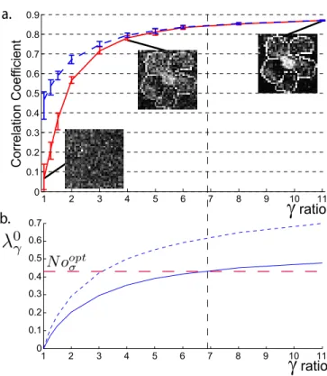 Figure 10. Influence of the number of output detection modes. a. correlation coefficient between E img and E obj as a function of the asymmetric ratio γ = M/N for MSO (dashed line) and for pseudo-inversion (solid line), without any averaging