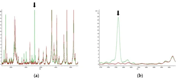 Figure 6. Ciprofloxacin antibiotic: (a) spectrum obtained in the presence of ciprofloxacin (green) and  without antibiotic (red); (b) a detail of the main peak of interest at 3785.80 m/z