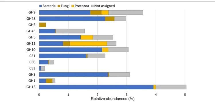 FIGURE 4 | Relative contribution of bacteria, protozoa, and fungi to putative mRNA encoding CAZyme families for which sequences of eukaryotes are available