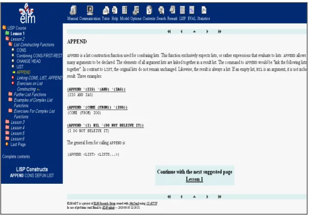 Figure 5 : Aperçu d’une partie de cours du système ELM ART (Elm_art, 2006). 