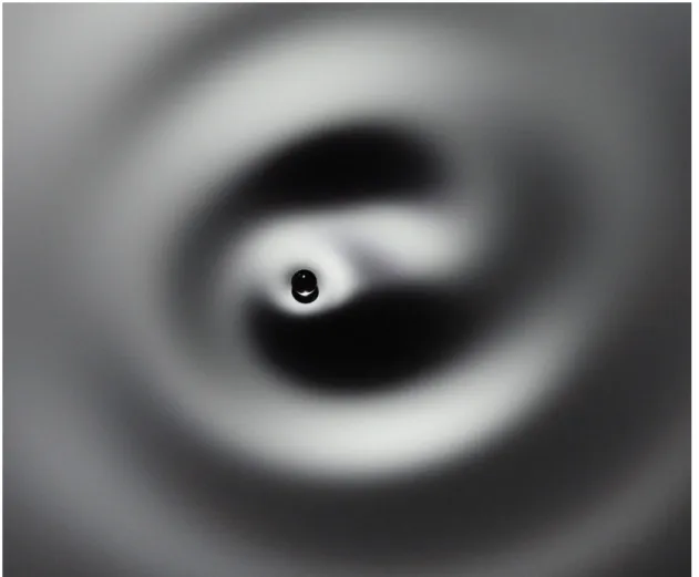 Figure 1 image instantanée d’une goutte de liquide rebondissante et induisant une onde  paramétrique autour d’elle, montrant l’objet global d’onde-particule
