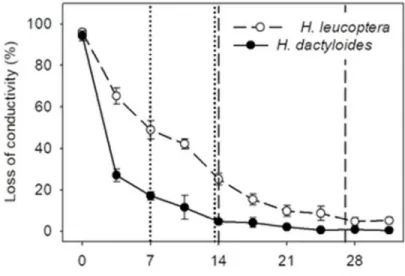 Figure 1. Distribution of PLC in air-injected branches or H. dactyloides (black circles) and H