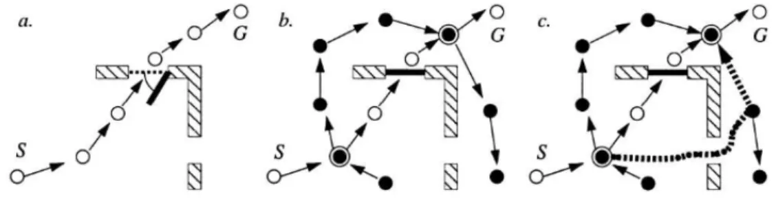 Figure extraite de [Franz and Mallot, 2000]. (a) Chemin simple défini par une séquence d’associations état/action