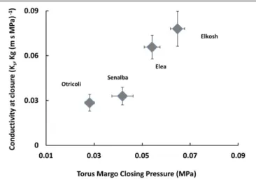 FIGURE 4 | Pressure and specific conductivity at the point of the beginning of Torus-margo (valve) closure as measured by the HPFM.