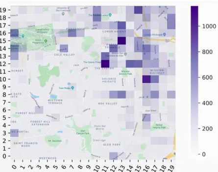 Figure 3.4 – Heat-map representing the Gowalla check-ins distribution in the area of interest;
