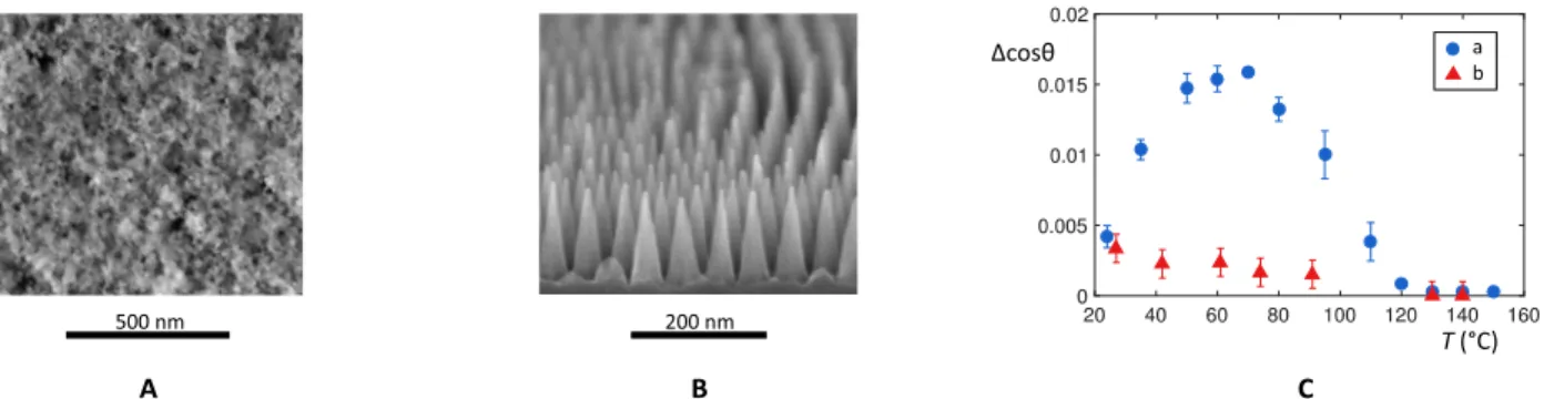 Fig. 3. Adhesion of water on two kinds of hot hydrophobic nanotexture. (A) SEM (scanning electron microscopy) image of a Glaco-coated brass substrate